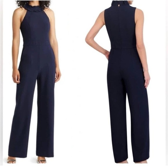 ELIZA J Navy Ruffle Mock Halter Neck Stretch Crepe Wide Leg Pant Jumpsuit NWT - Picture 1 of 6